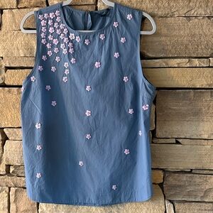 J. Crew Blue Sleeveless Top with Pink Floral Appliqués Pretty Garden Cotton
